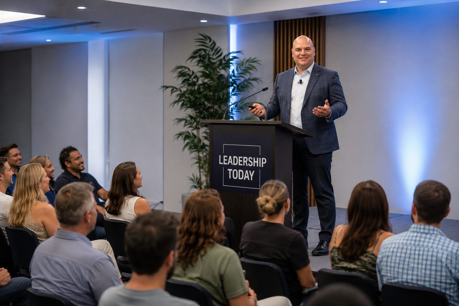 Patrick Arcement presenting at a Leadership Today event from a podium