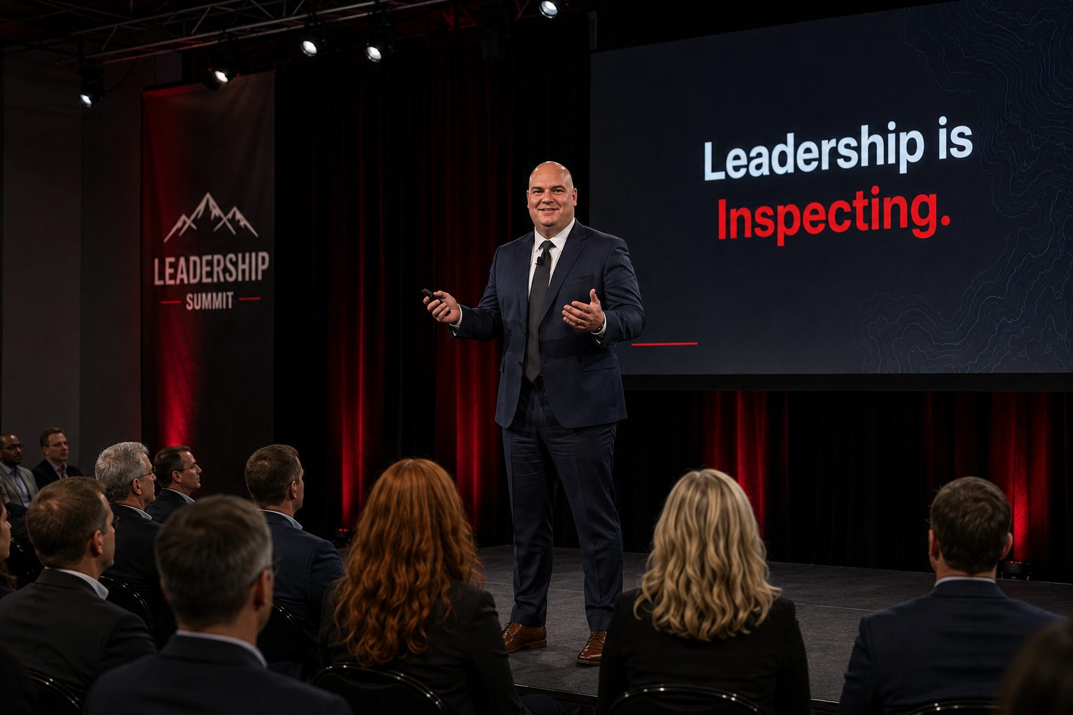 Patrick Arcement speaking at a leadership summit, slide reads Leadership is Inspecting